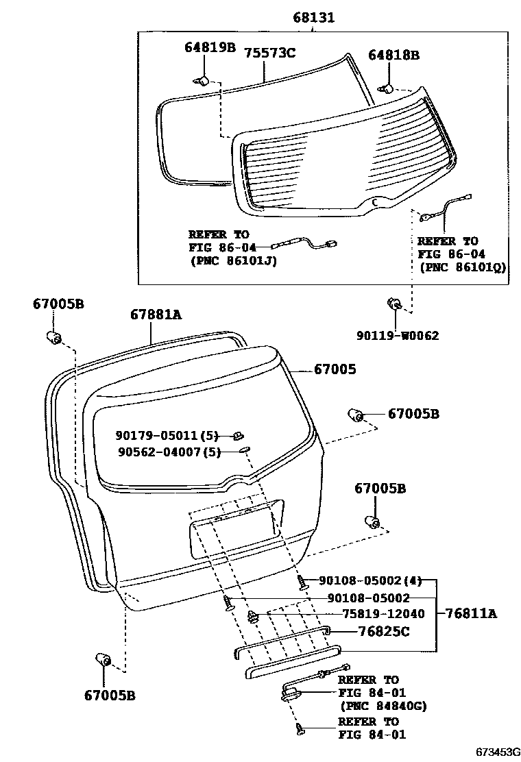 Toyota COROLLA 背门板和背门玻璃 EPC diagram — 673453G