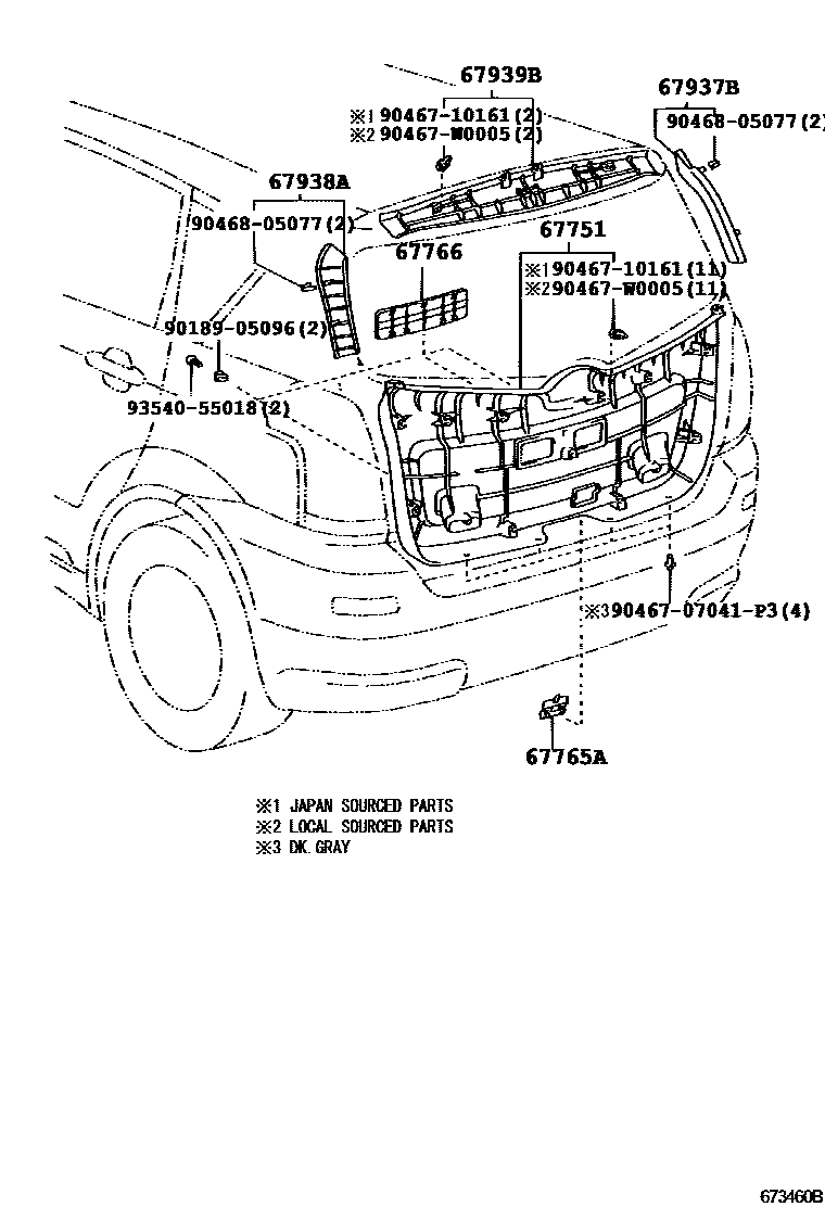 Toyota COROLLA 背门板和背门玻璃 EPC diagram — 673460B