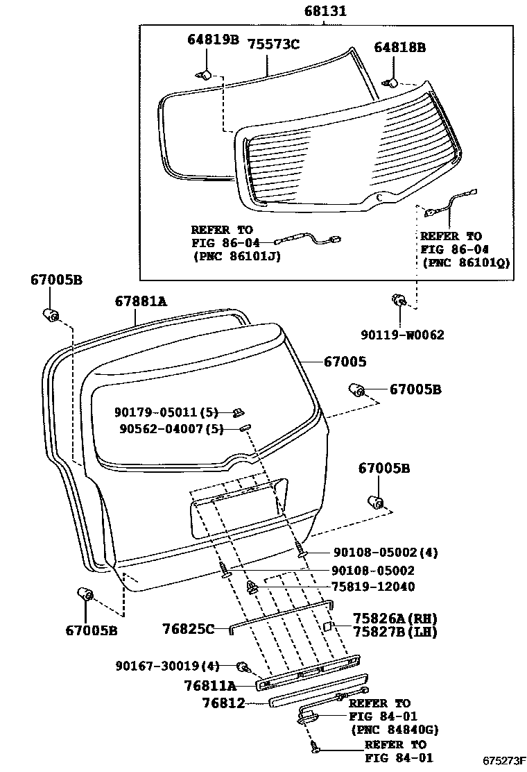 Toyota COROLLA 背门板和背门玻璃 EPC diagram — 675273F