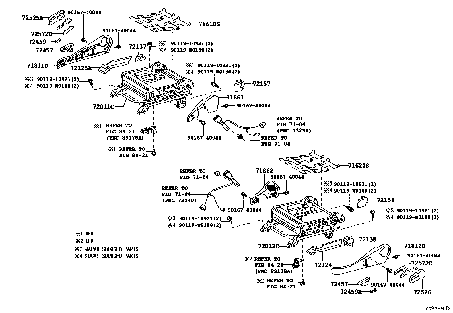 Toyota COROLLA 前排座椅和座椅滑轨 EPC diagram — 713189D