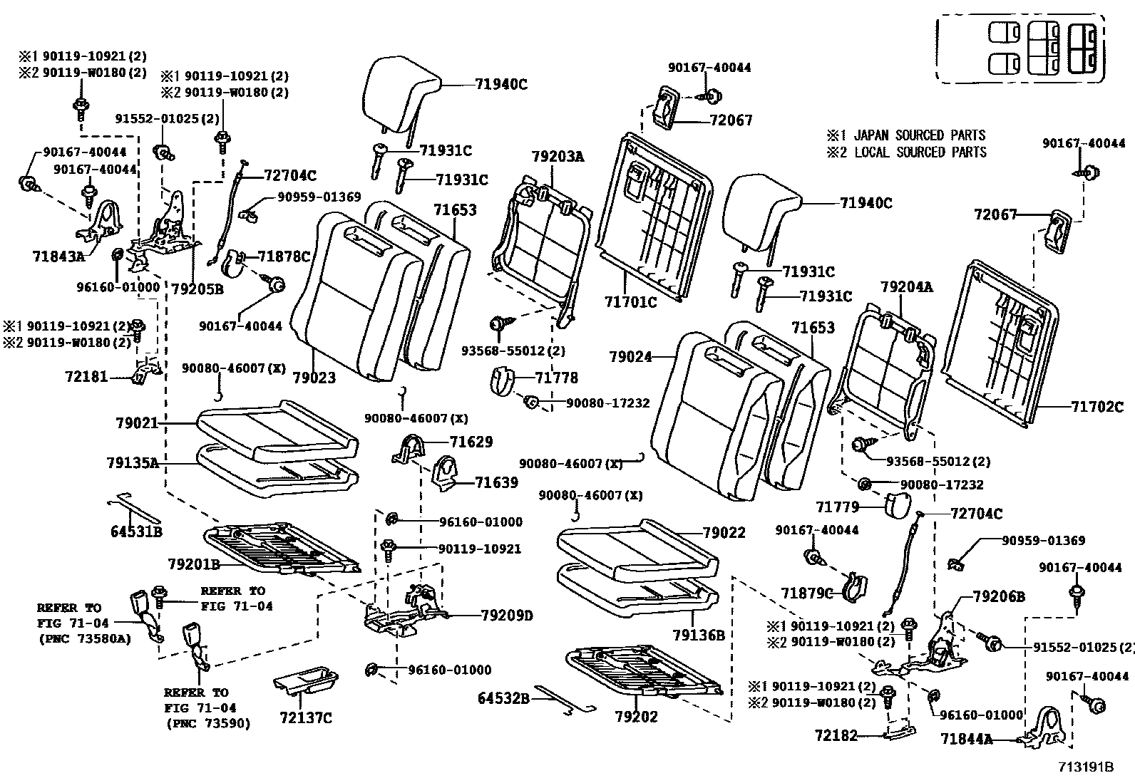 Toyota COROLLA 后排座椅和座椅滑轨 EPC diagram — 713191B