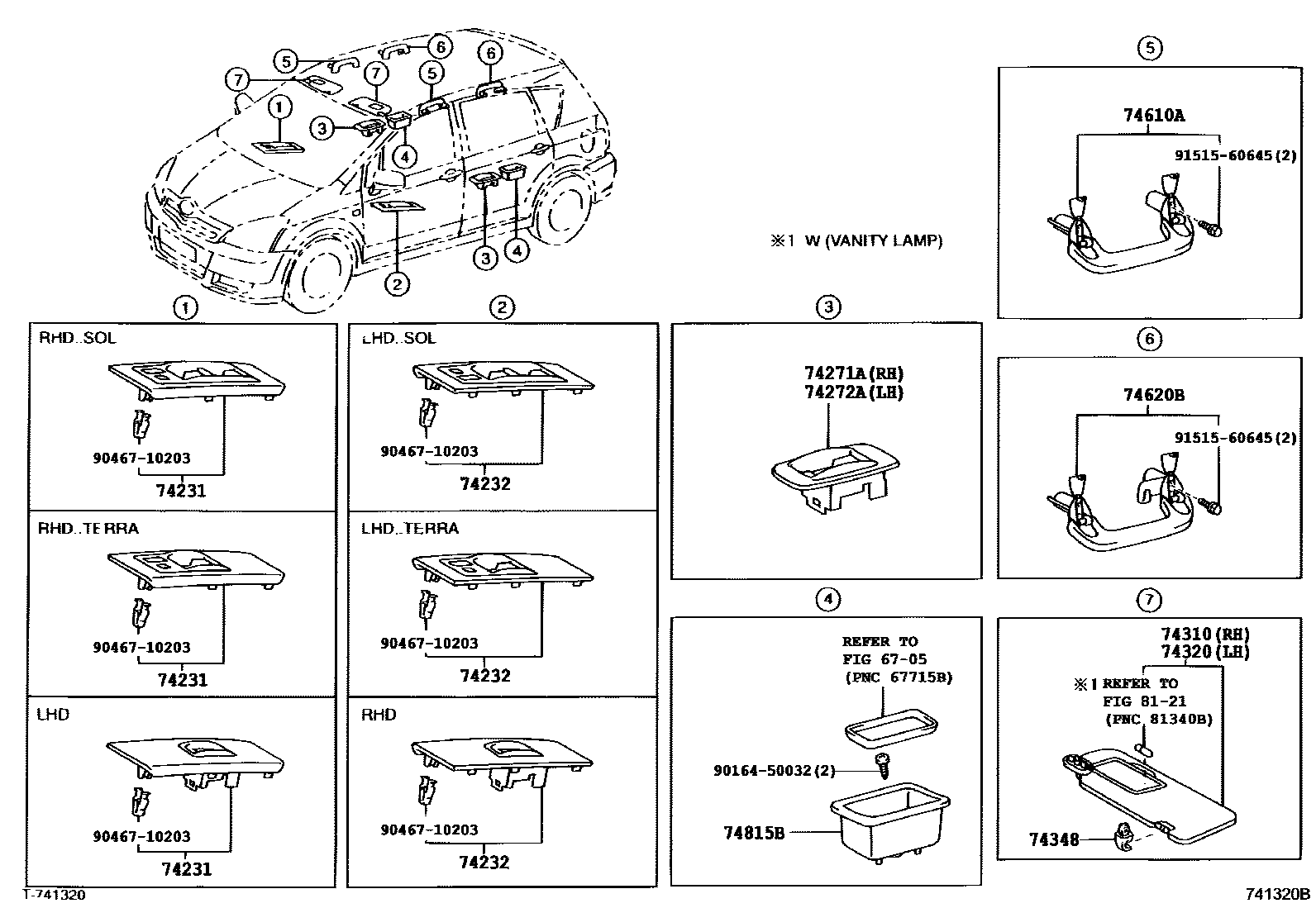 Toyota COROLLA 扶手和遮阳板 EPC diagram — 741320B