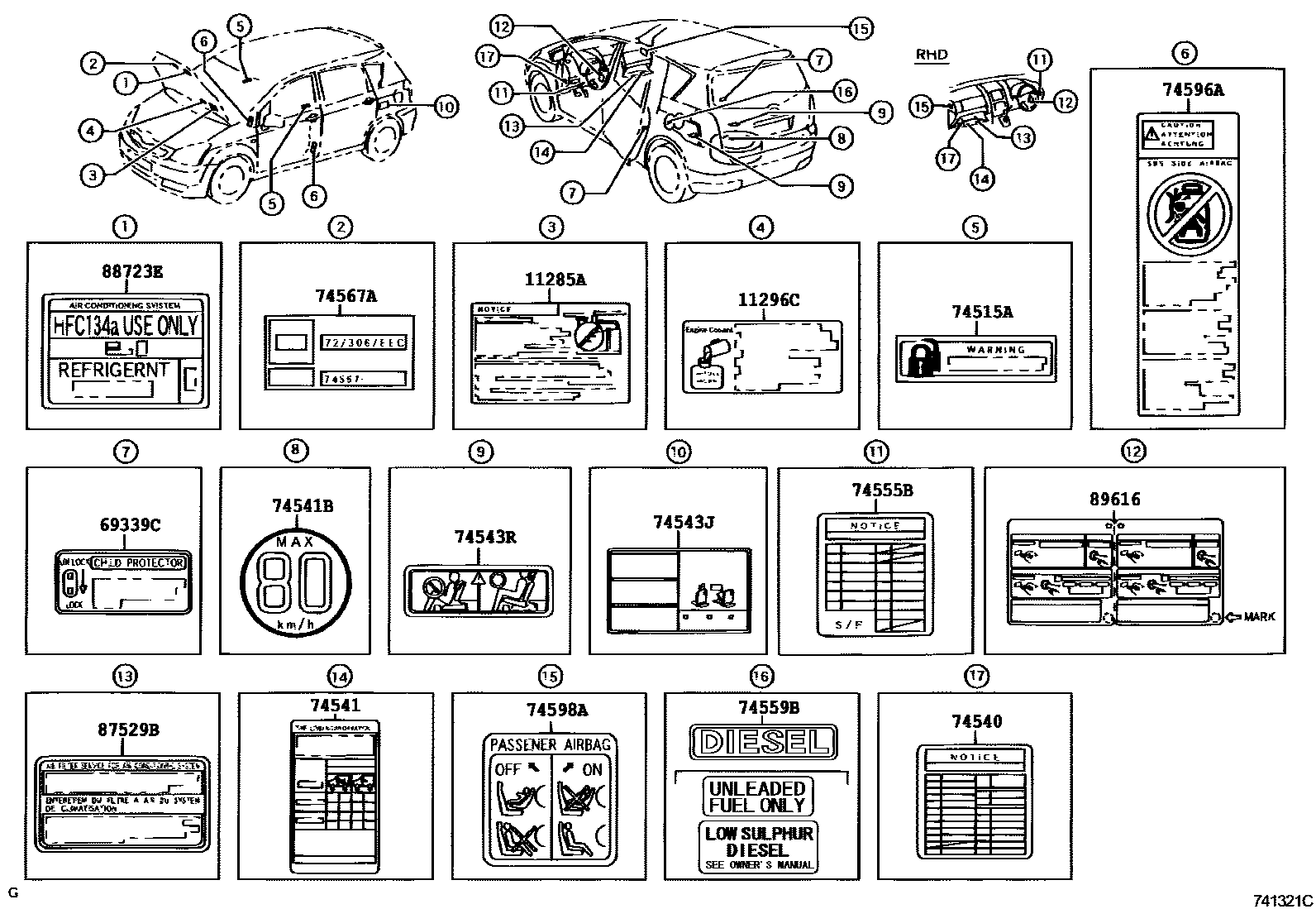 Toyota COROLLA 警示铭牌(车外和车内) EPC diagram — 741321C