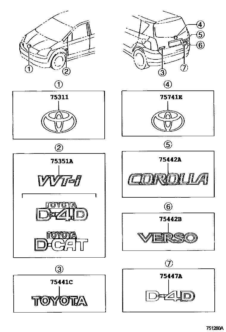 Toyota COROLLA 丰田徽标和铭牌(车外和车内) EPC diagram — 751280A