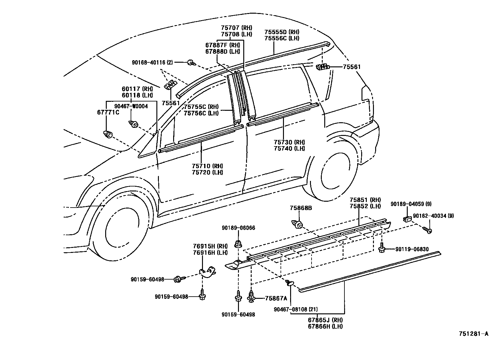 Toyota COROLLA 侧防护条 EPC diagram — 751281A