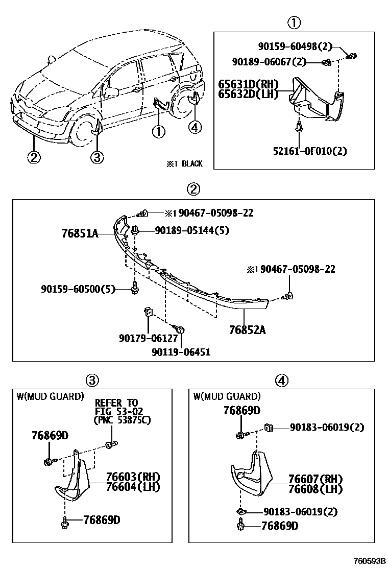 Toyota COROLLA 挡泥板和扰流板 EPC diagram — 760593B