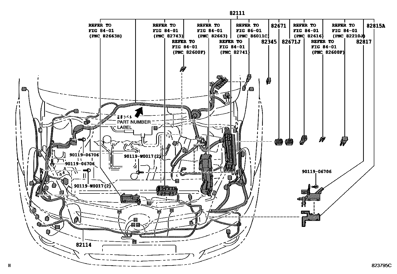 Toyota COROLLA 线束和卡夹 EPC diagram — 823795C
