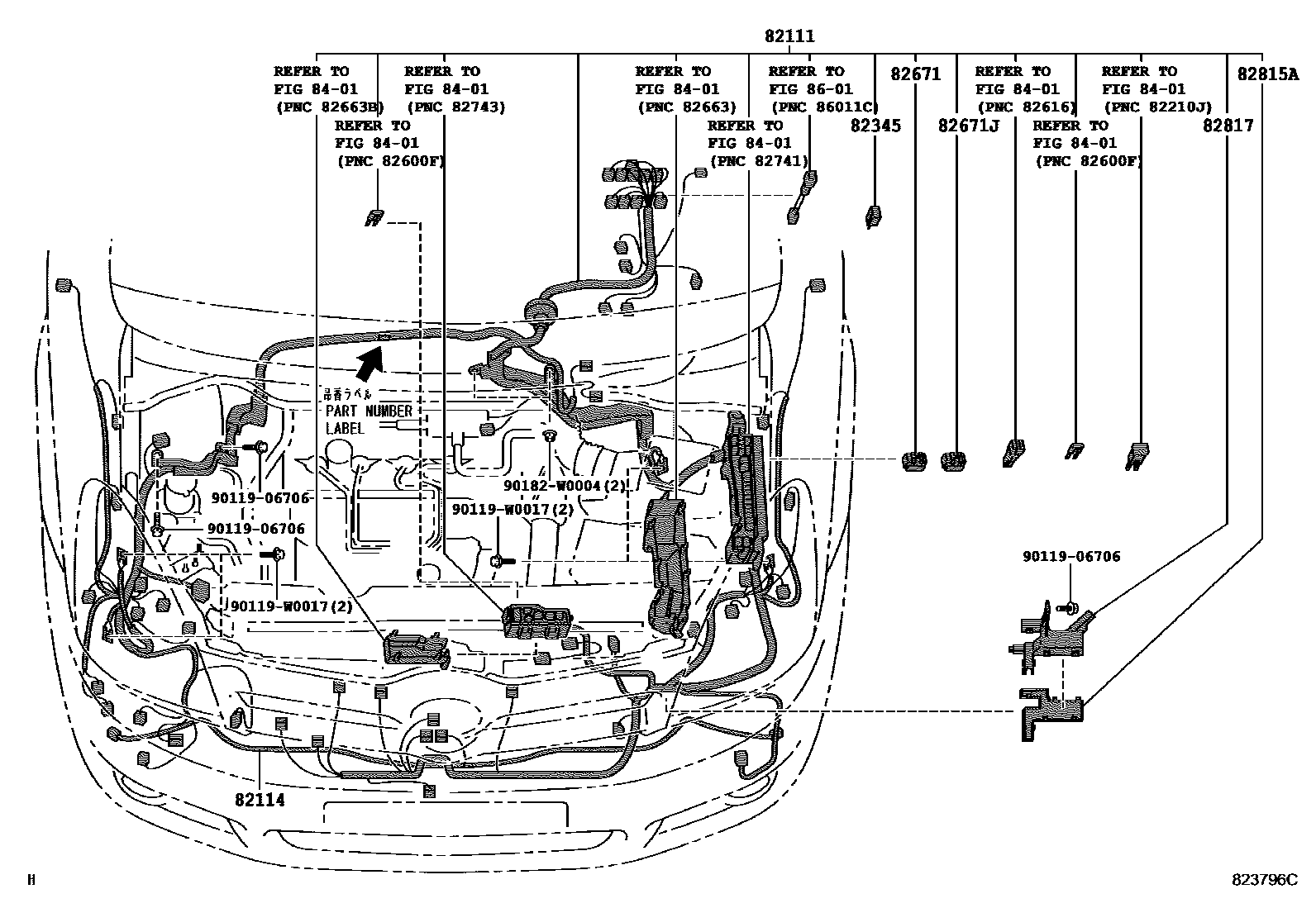 Toyota COROLLA 线束和卡夹 EPC diagram — 823796C