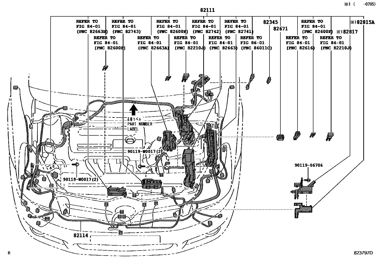 Toyota COROLLA 线束和卡夹 EPC diagram — 823797D