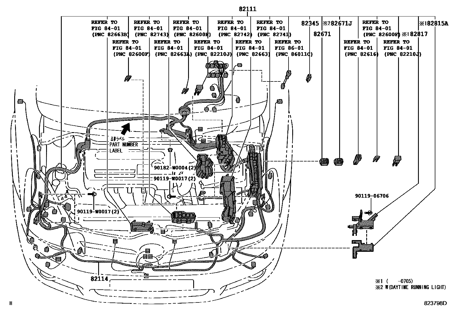 Toyota COROLLA 线束和卡夹 EPC diagram — 823798D