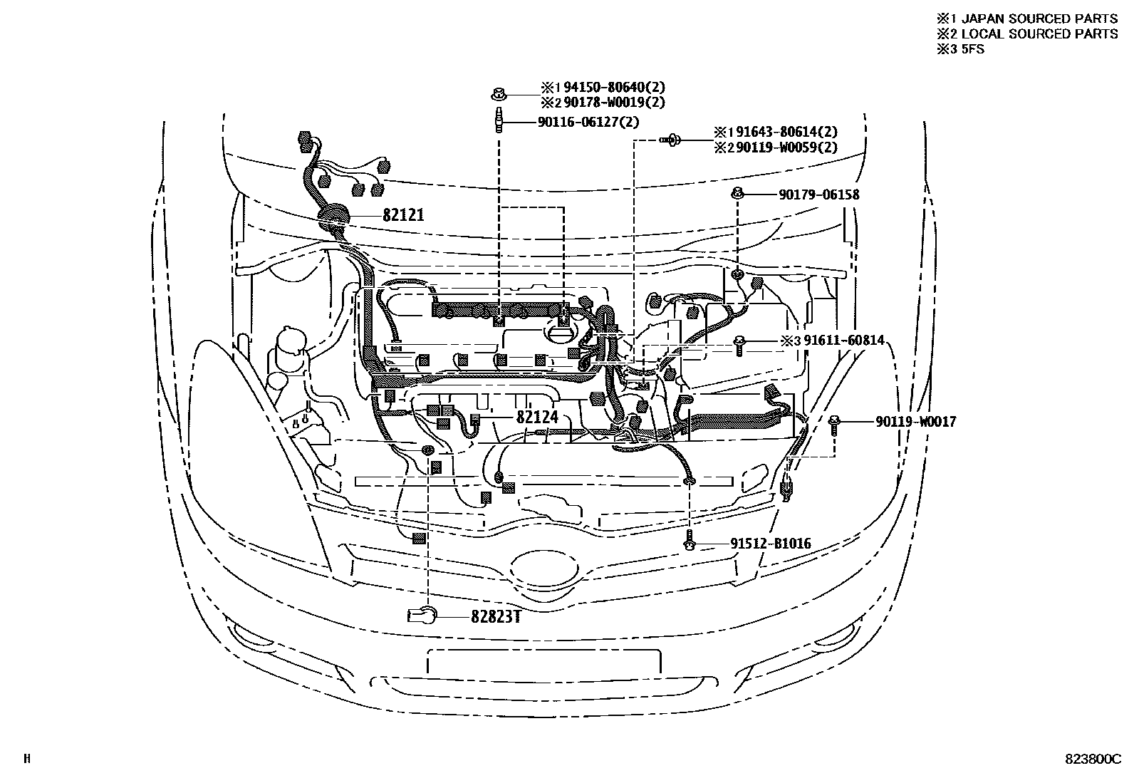 Toyota COROLLA 线束和卡夹 EPC diagram — 823800C