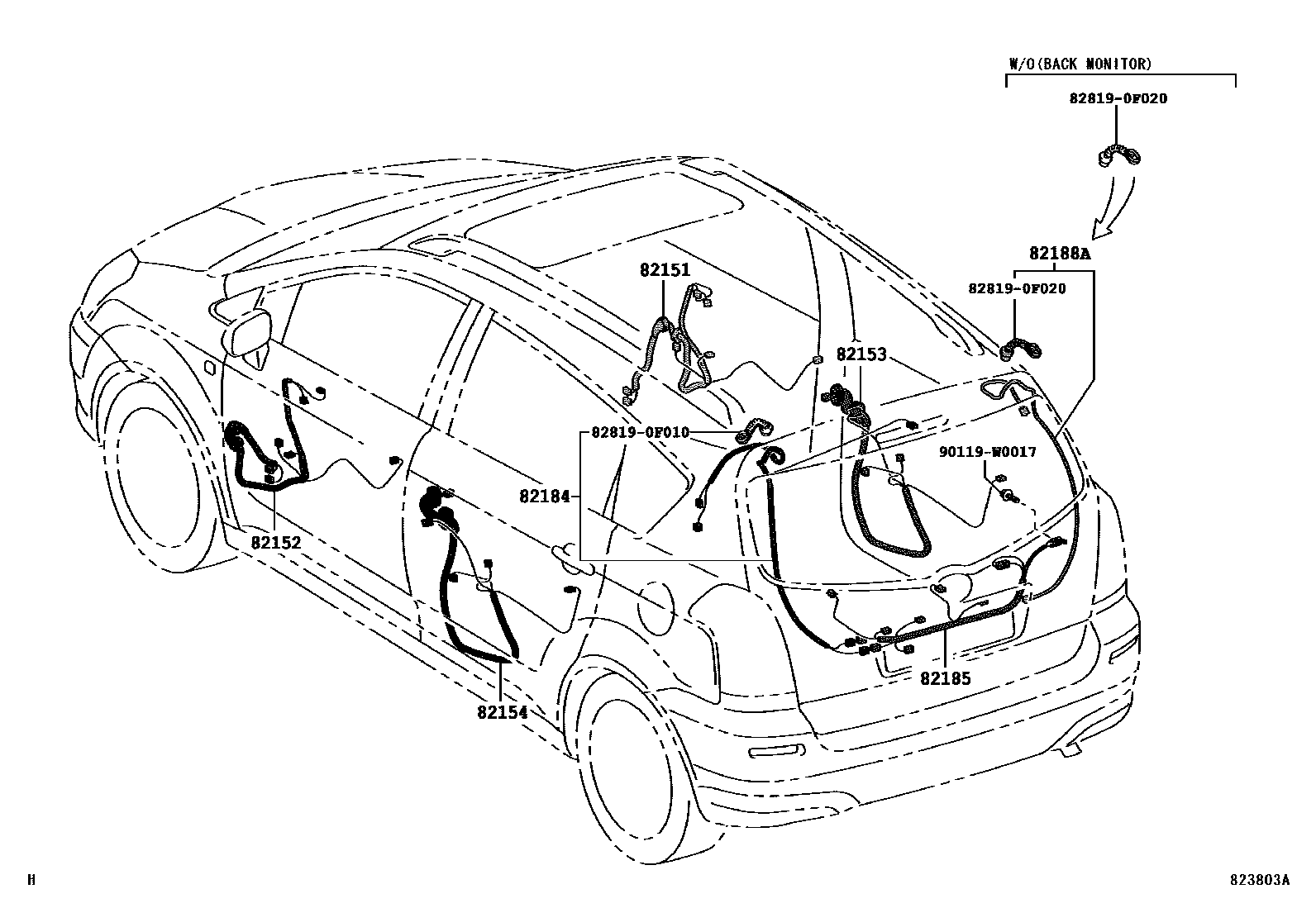 Toyota COROLLA 线束和卡夹 EPC diagram — 823803A