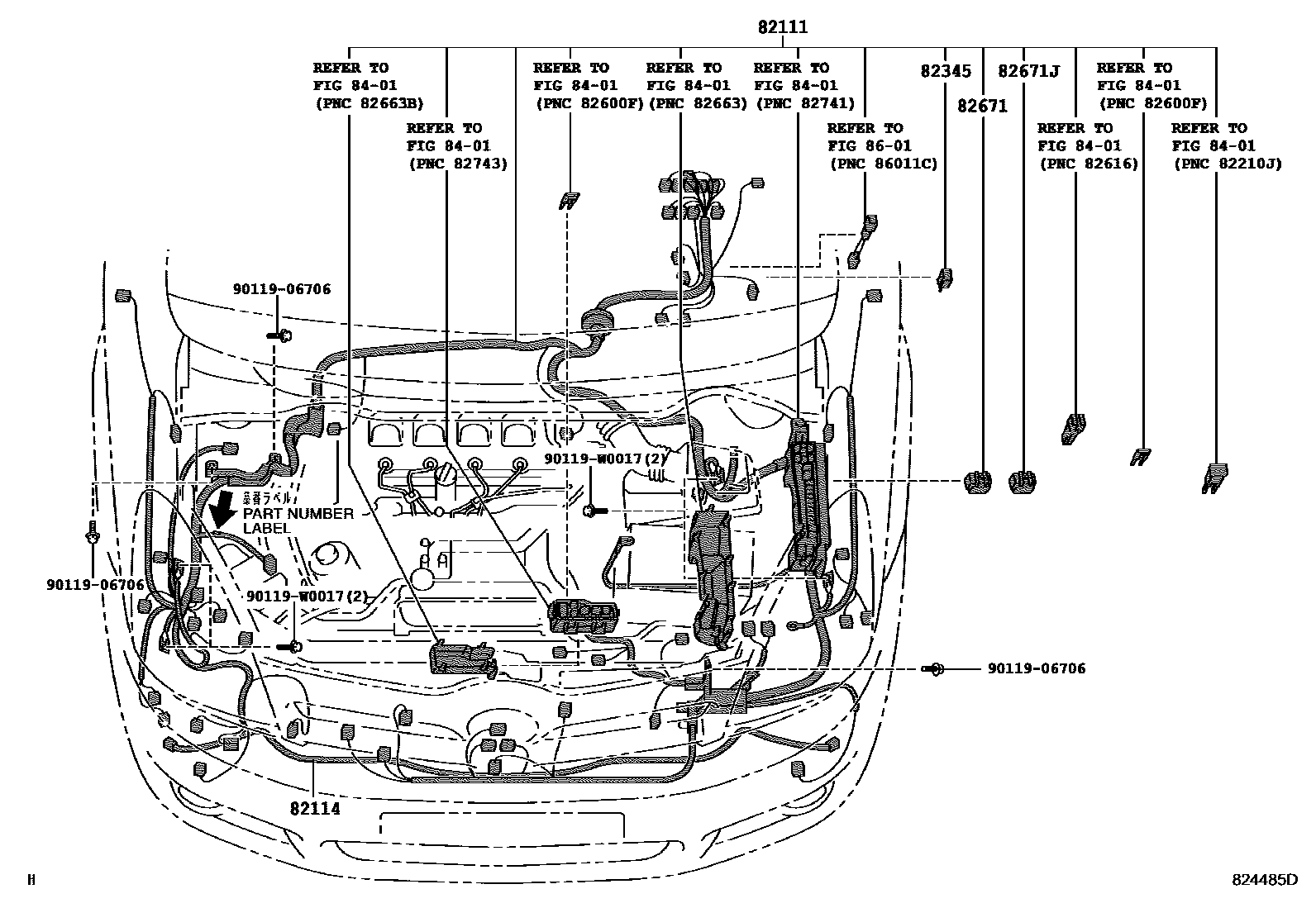 Toyota COROLLA 线束和卡夹 EPC diagram — 824485D