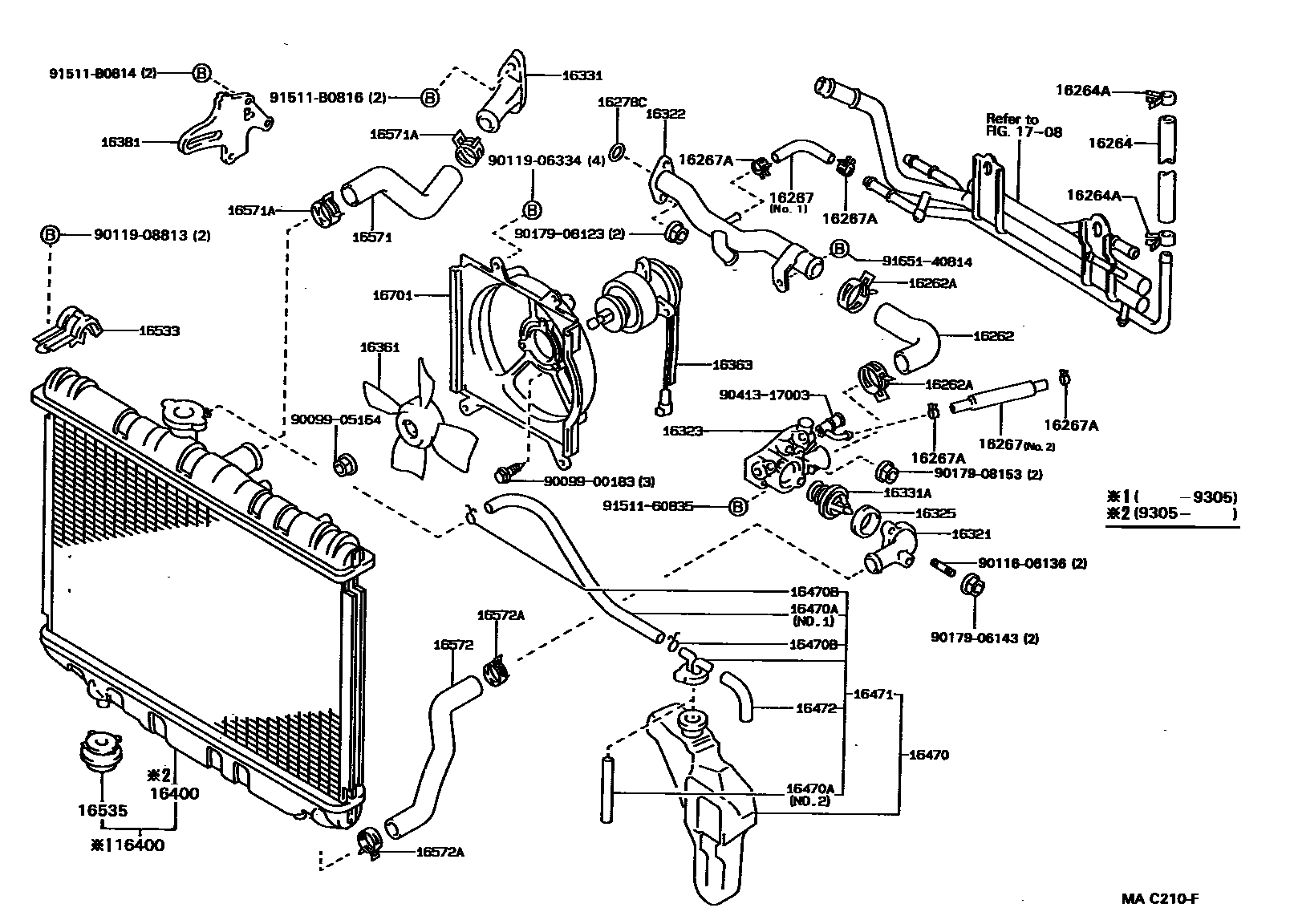 Toyota COROLLA RADIATOR & WATER OUTLET EPC diagram — MAC210F