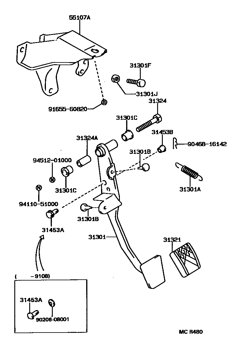 Toyota COROLLA 离合器踏板和挠性软管 EPC diagram — MCR480