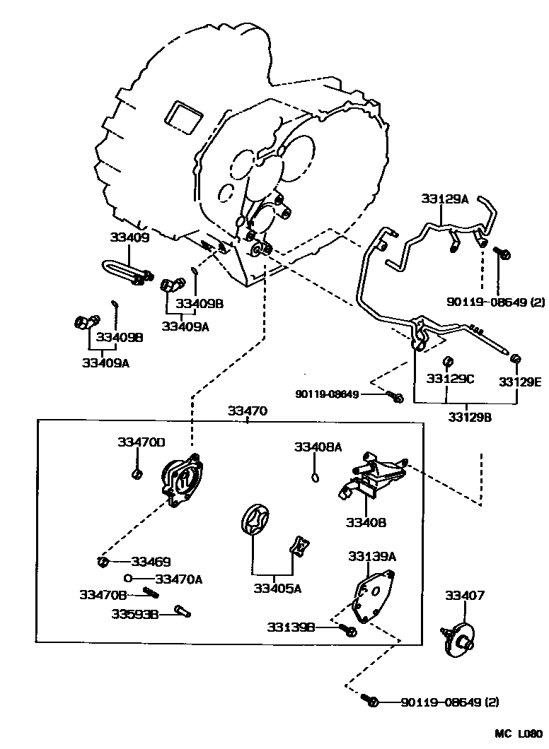 Toyota COROLLA 油泵、油冷却器和配管(MTM) EPC diagram — MCL080