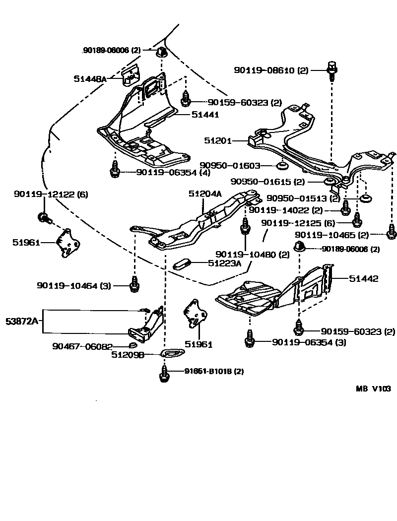 Toyota COROLLA 悬架横梁和发动机底罩 EPC diagram — MBV103