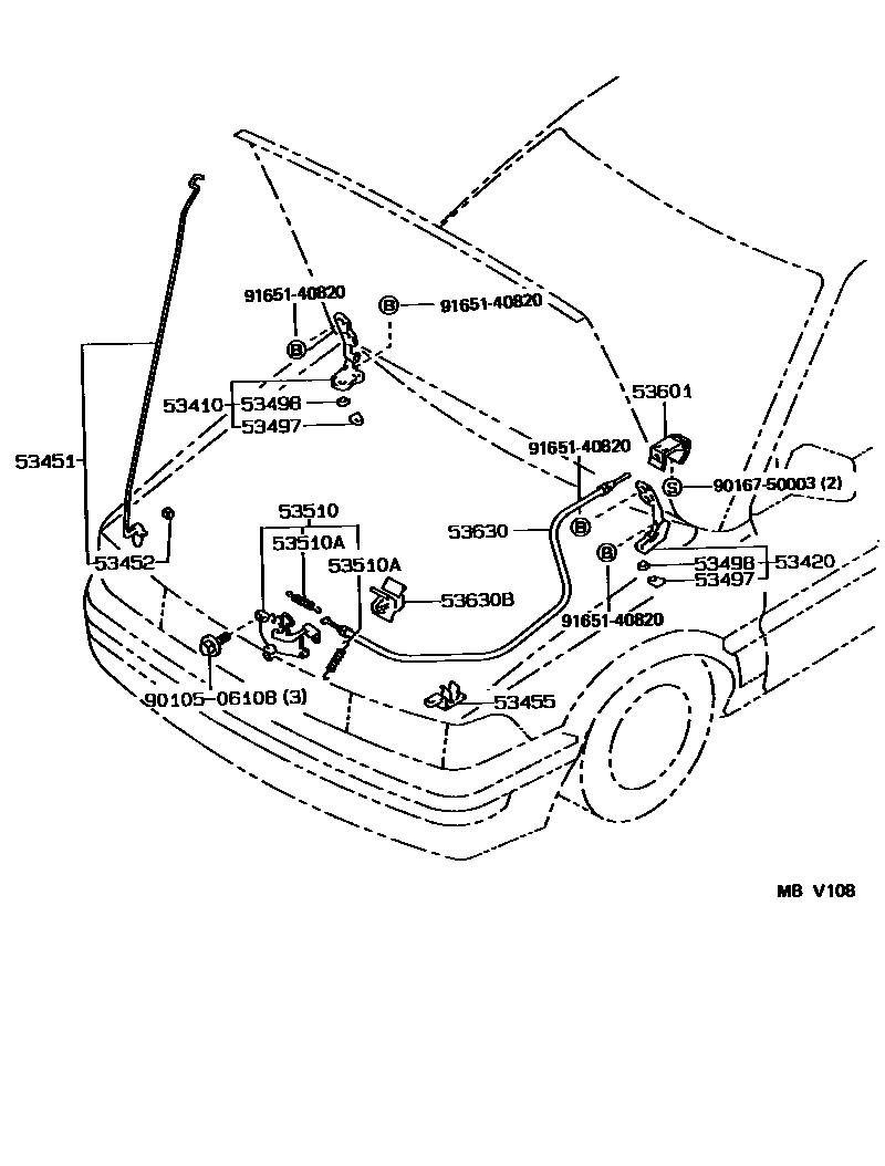 Toyota COROLLA 发动机盖锁和铰链 EPC diagram — MBV108
