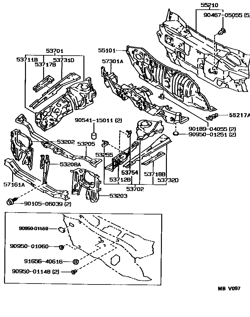 Toyota COROLLA 前翼子板挡泥板和前围板 EPC diagram — MBV097