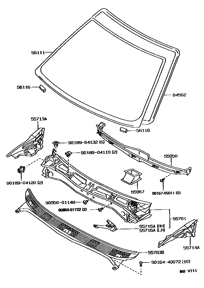 Toyota COROLLA 前围板和挡风玻璃 EPC diagram — MBV111