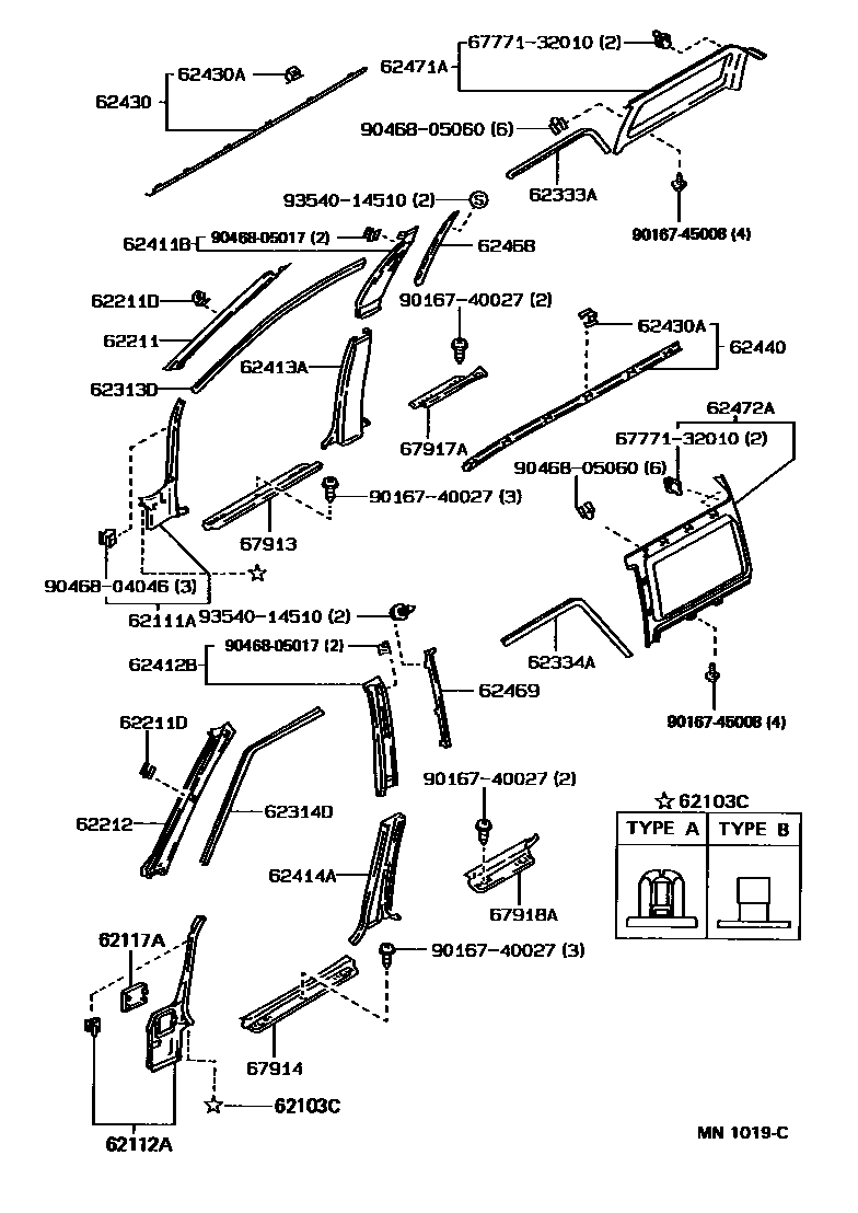 Toyota COROLLA 内饰板和车门防水胶条 EPC diagram — MN1019C