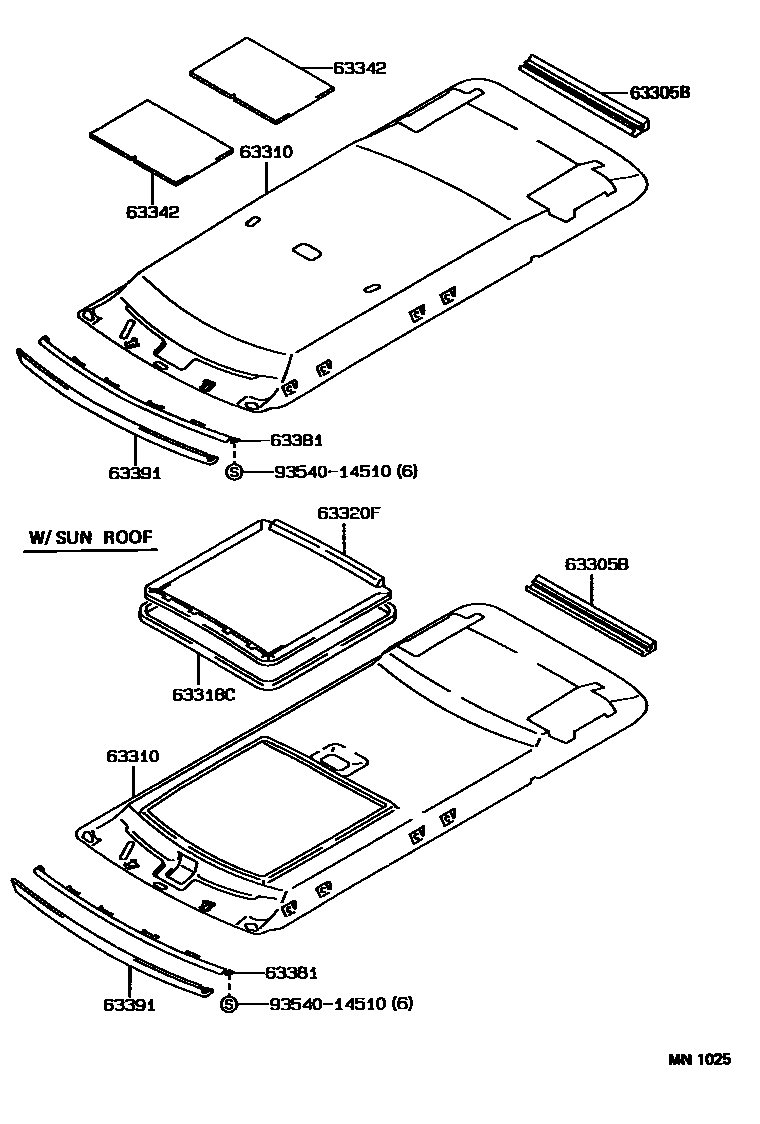 Toyota COROLLA 车顶内衬和消声垫 EPC diagram — MN1025
