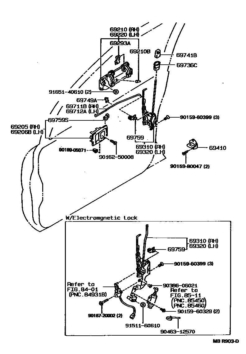 Toyota COROLLA 前门锁和车门把手 EPC diagram — MBR903D