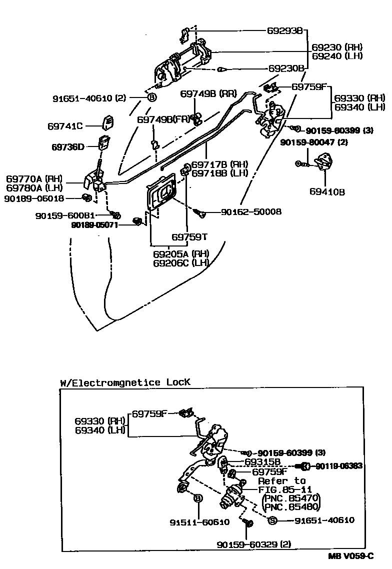 Toyota COROLLA 后门锁和后门把手 EPC diagram — MBV059C