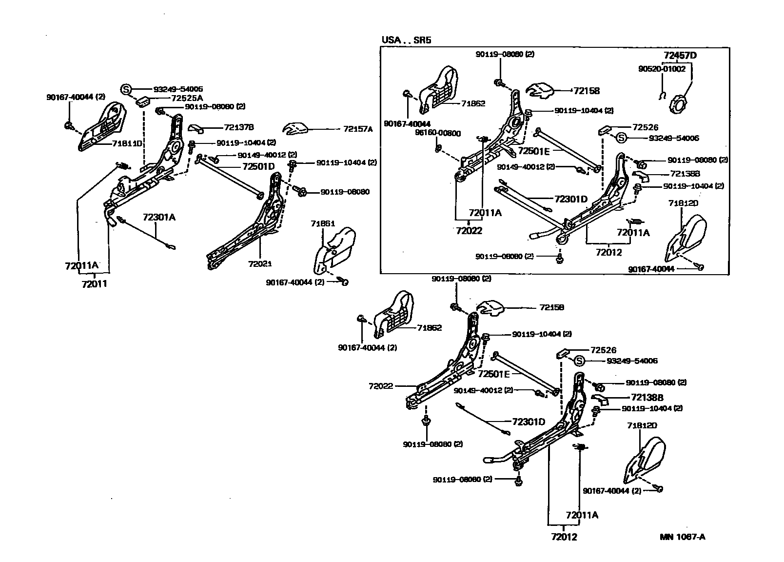 Toyota COROLLA 前排座椅和座椅滑轨 EPC diagram — MN1067A