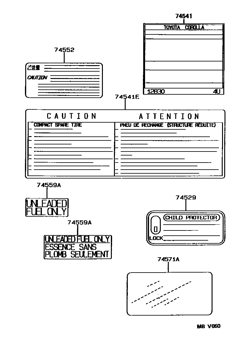 Toyota COROLLA 警示铭牌(车外和车内) EPC diagram — MBV050