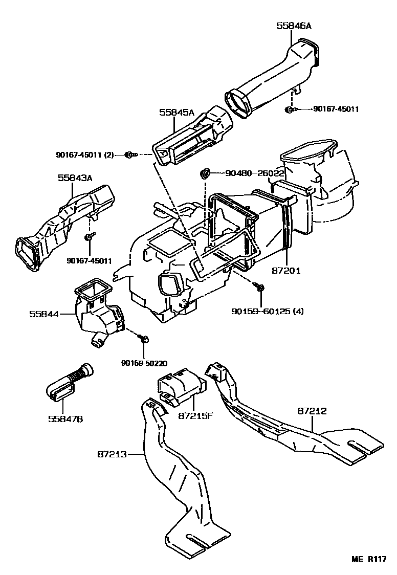 Toyota COROLLA 暖风和空调系统 - 控制器和风管 EPC diagram — MER117