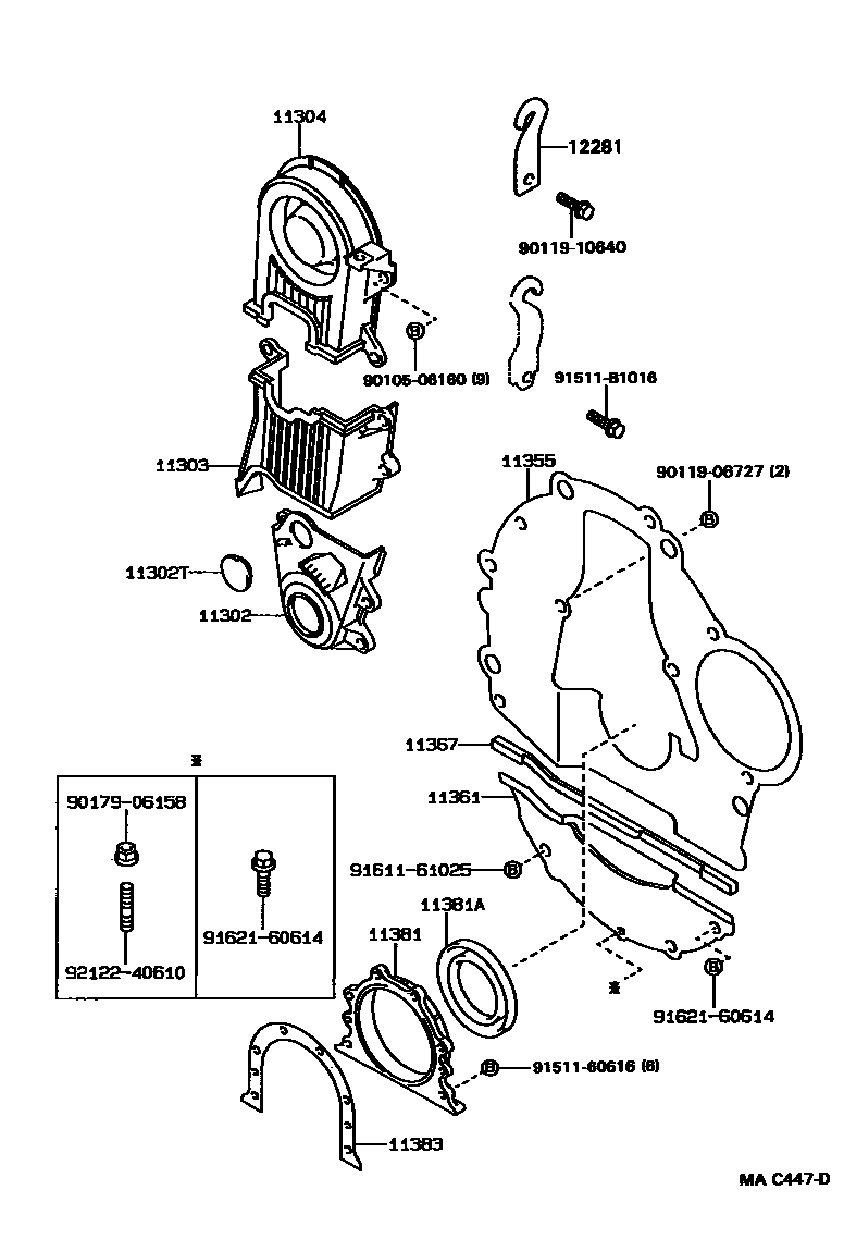 Toyota COROLLA Timing Gear Cover & Rear End Plate EPC diagram — MAC447D