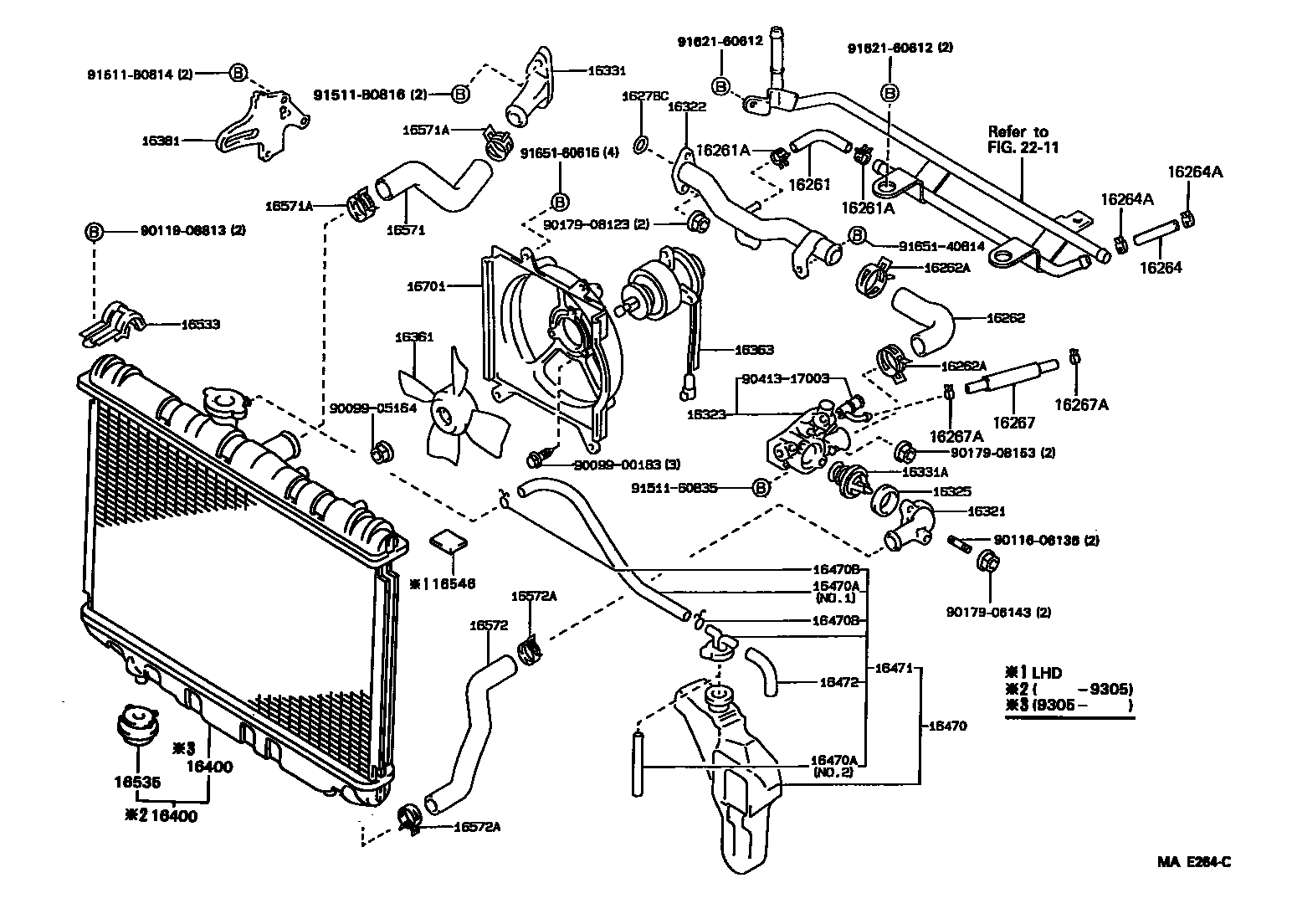 Toyota COROLLA RADIATOR & WATER OUTLET EPC diagram — MAE264C