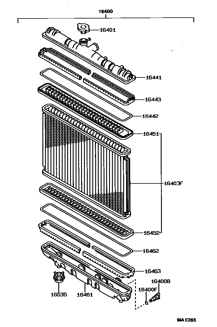 Toyota COROLLA RADIATOR & WATER OUTLET EPC diagram — MAE265