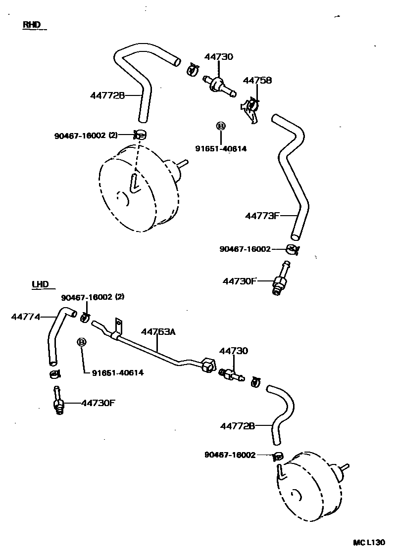 Toyota COROLLA 制动助力器和真空管 EPC diagram — MCL130