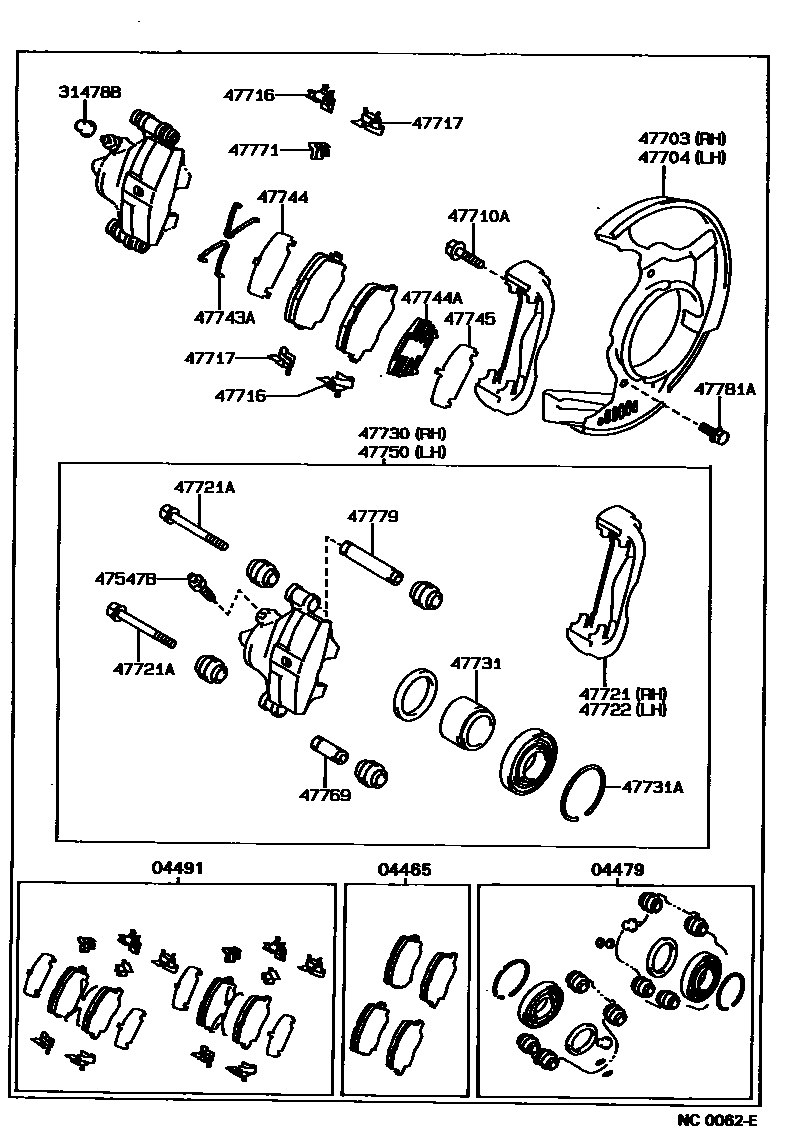 Toyota COROLLA 前盘式制动器卡钳和防尘罩 EPC diagram — NC0062E