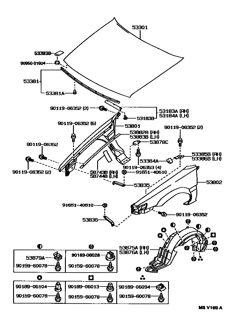 Toyota COROLLA 发动机盖和前翼子板 EPC diagram — MBV169A