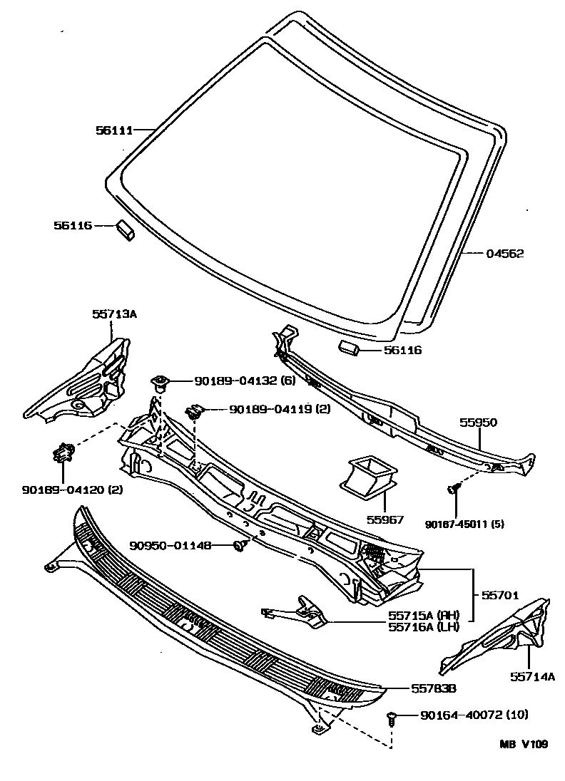 Toyota COROLLA 前围板和挡风玻璃 EPC diagram — MBV109