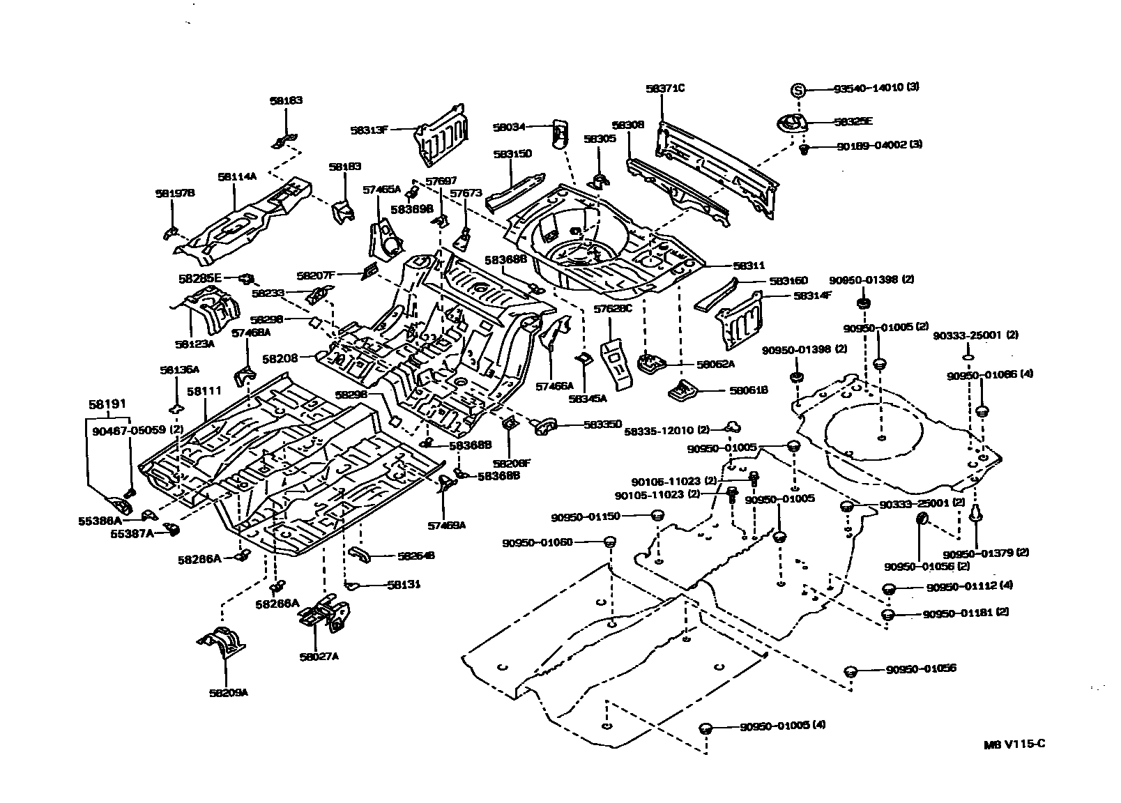 Toyota COROLLA 浅盘形地板和车身下背板 EPC diagram — MBV115C