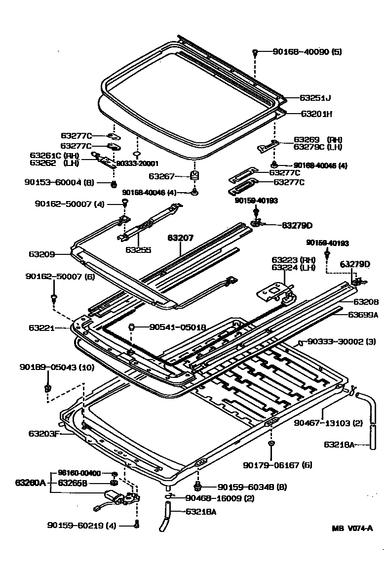 Toyota COROLLA 天窗板和背窗玻璃 EPC diagram — MBV074A