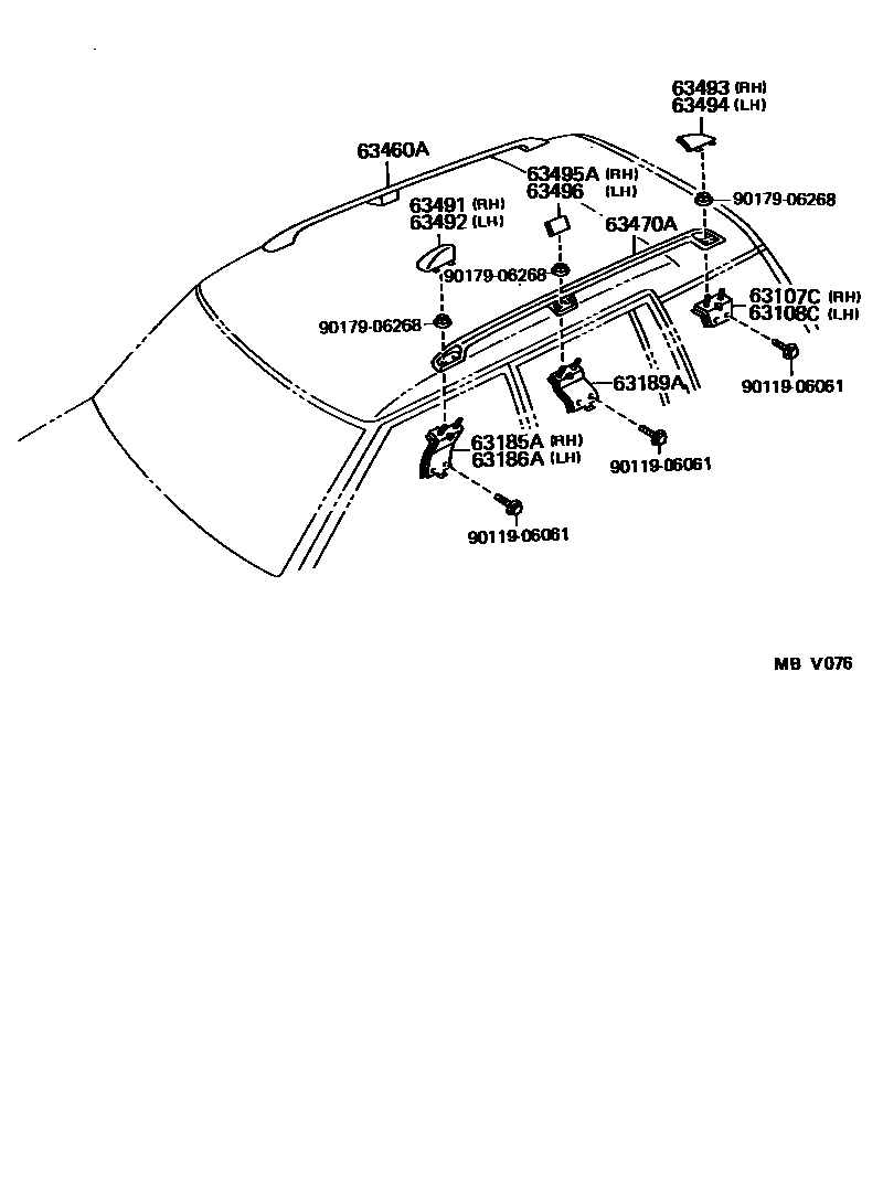 Toyota COROLLA 天窗板和背窗玻璃 EPC diagram — MBV076