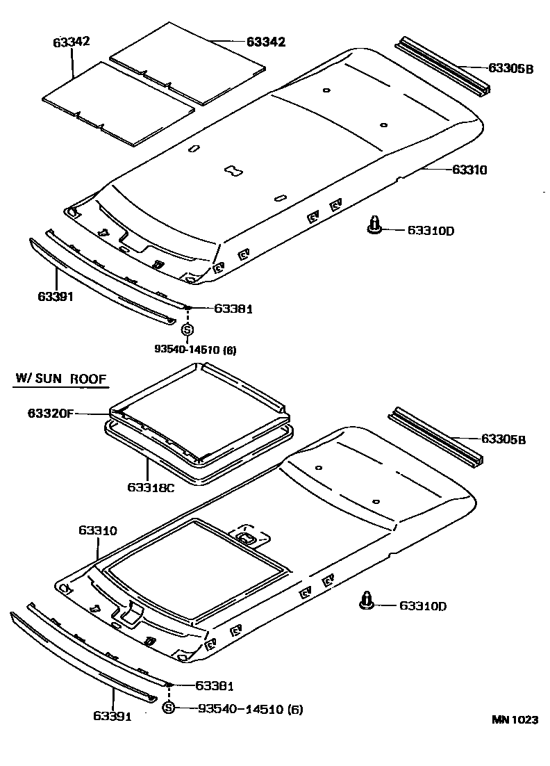 Toyota COROLLA 车顶内衬和消声垫 EPC diagram — MN1023