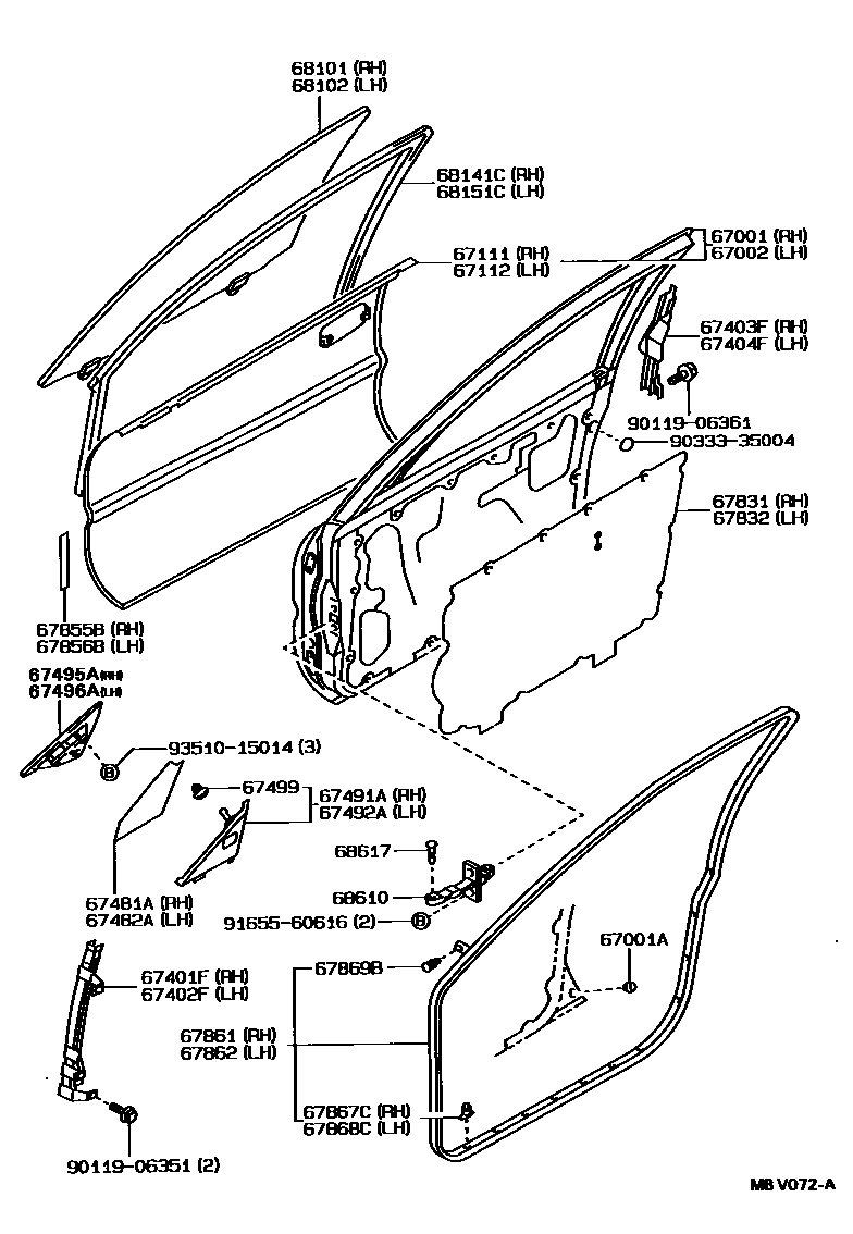 Toyota COROLLA 前门板和前门玻璃 EPC diagram — MBV072A