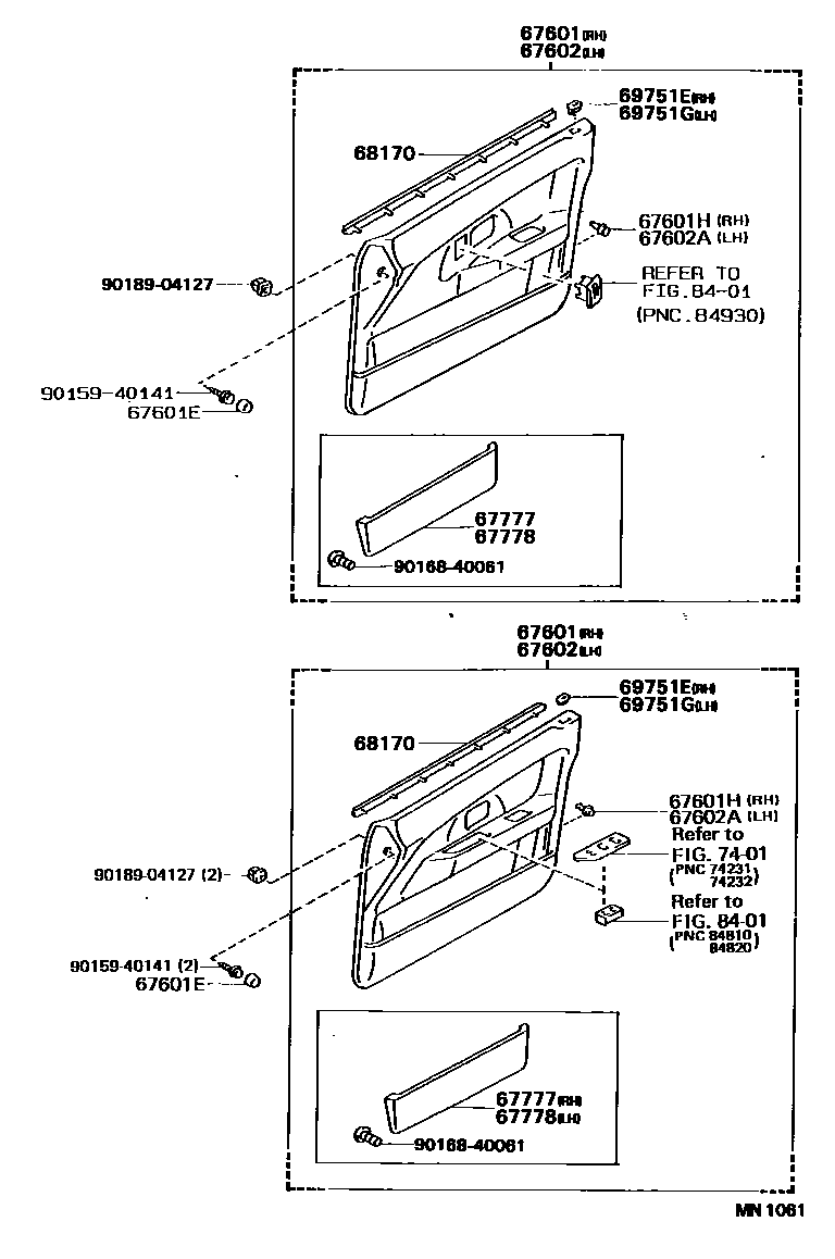 Toyota COROLLA 前门板和前门玻璃 EPC diagram — MN1061