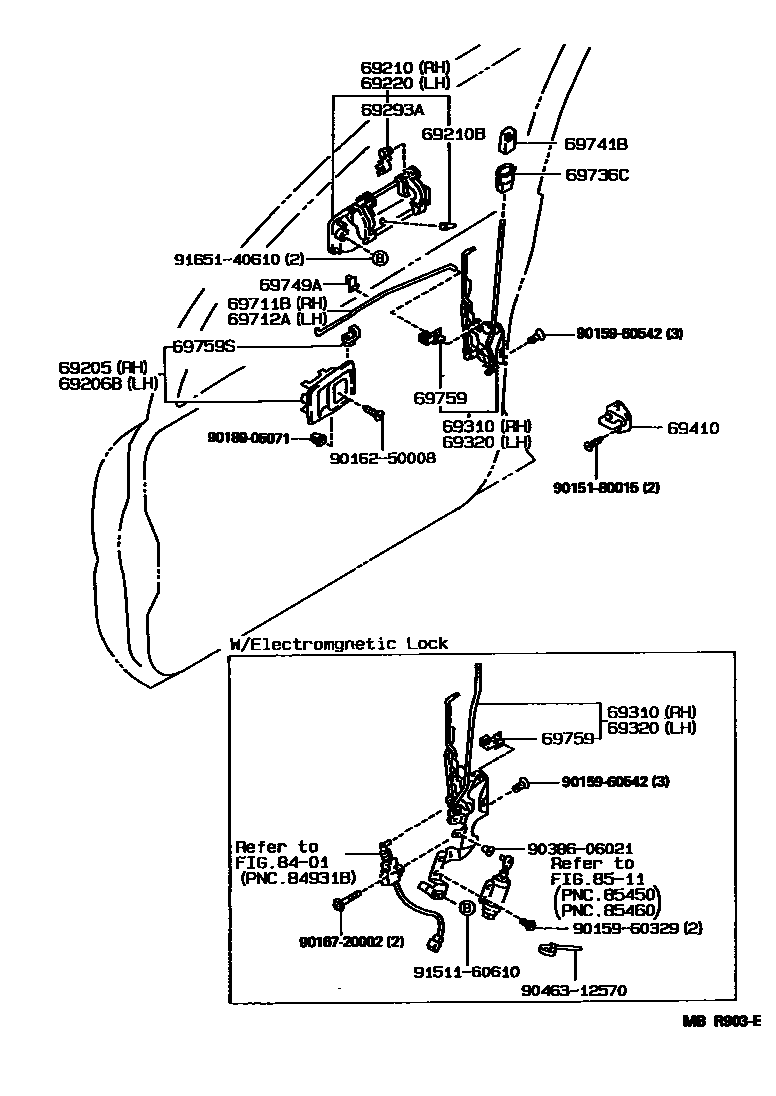Toyota COROLLA 前门锁和车门把手 EPC diagram — MBR903E