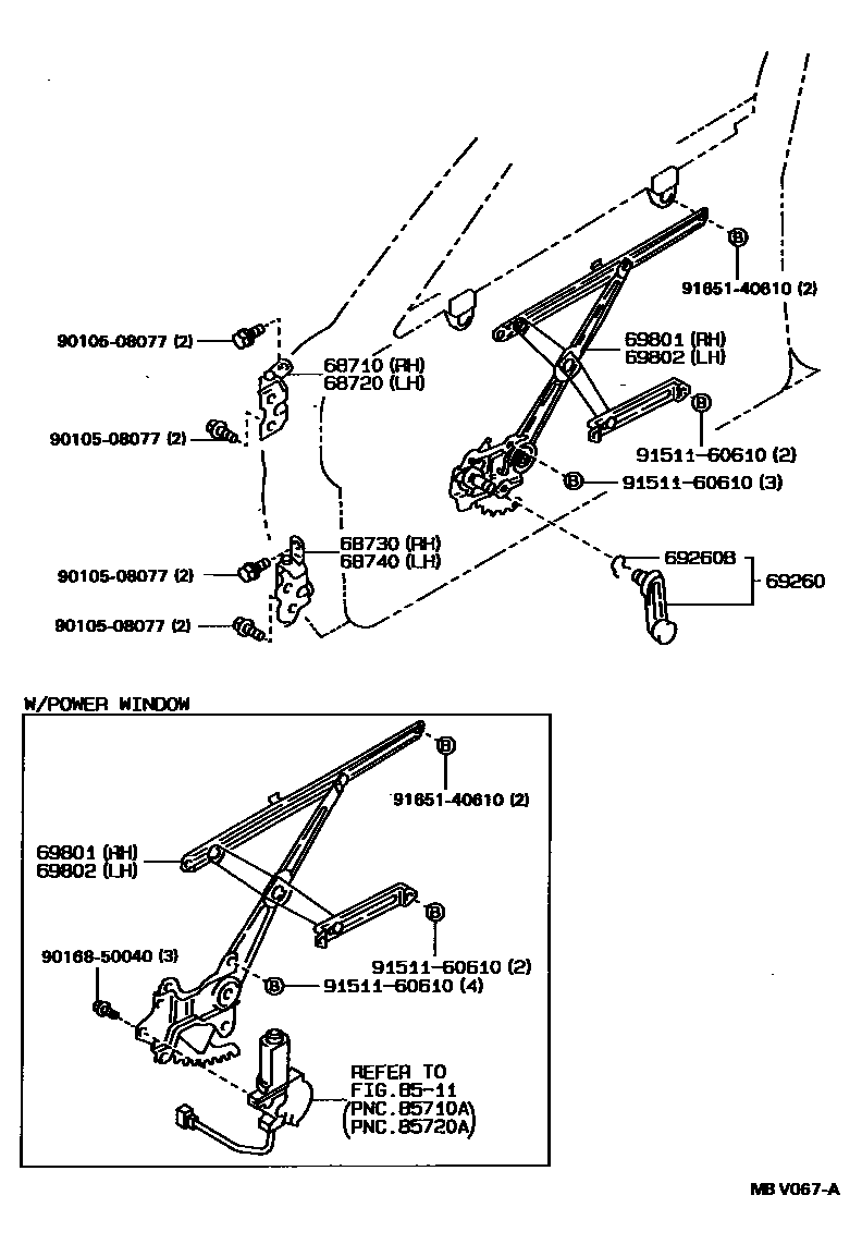 Toyota COROLLA 前门车窗升降器和合页 EPC diagram — MBV067A
