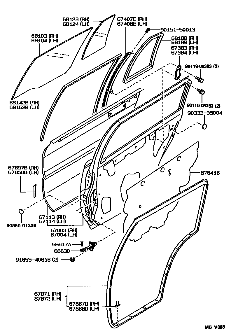 Toyota COROLLA 后门板和后门玻璃 EPC diagram — MBV065