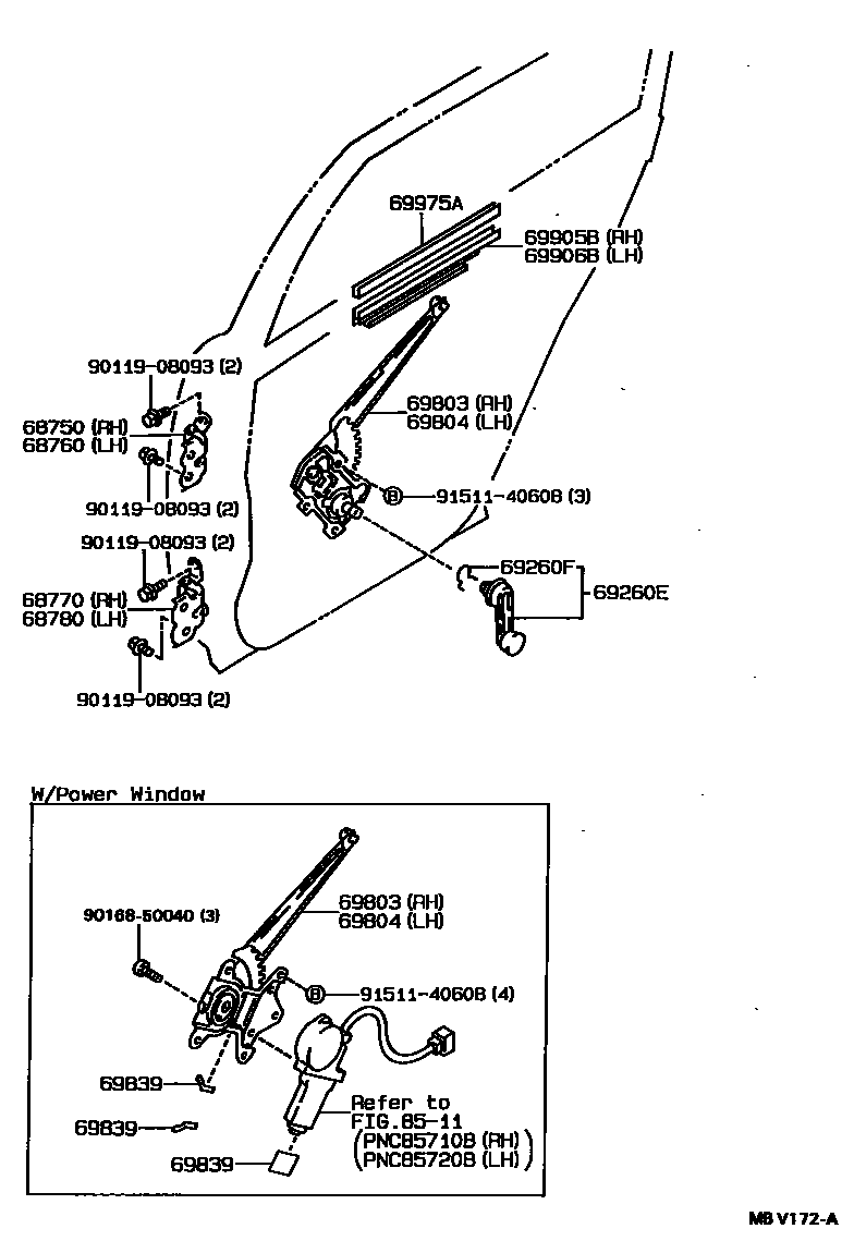 Toyota COROLLA 后门车窗升降器和合页 EPC diagram — MBV172A