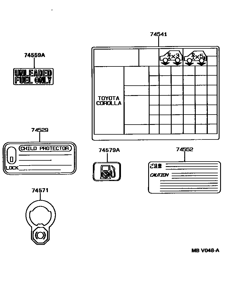 Toyota COROLLA 警示铭牌(车外和车内) EPC diagram — MBV048A