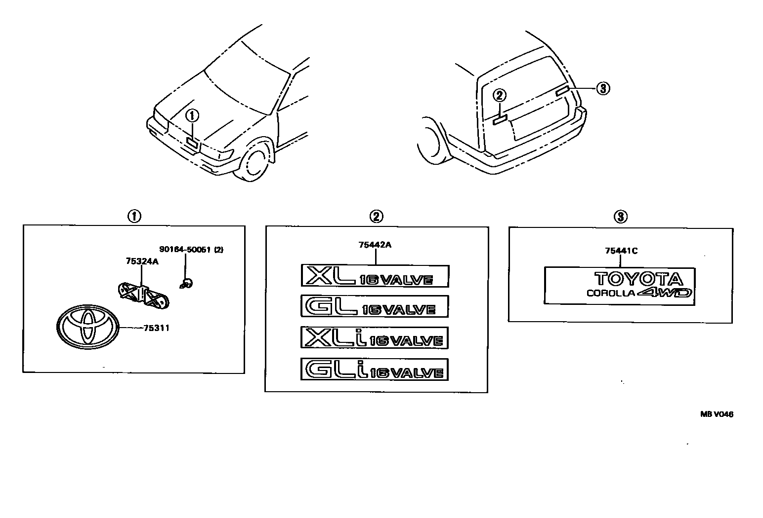 Toyota COROLLA 丰田徽标和铭牌(车外和车内) EPC diagram — MBV046